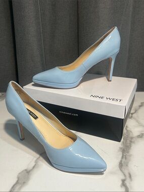 Nine West Patent Light Blue Pointed Toe Stiletto Pumps size 8.5 SHELBE3 in box